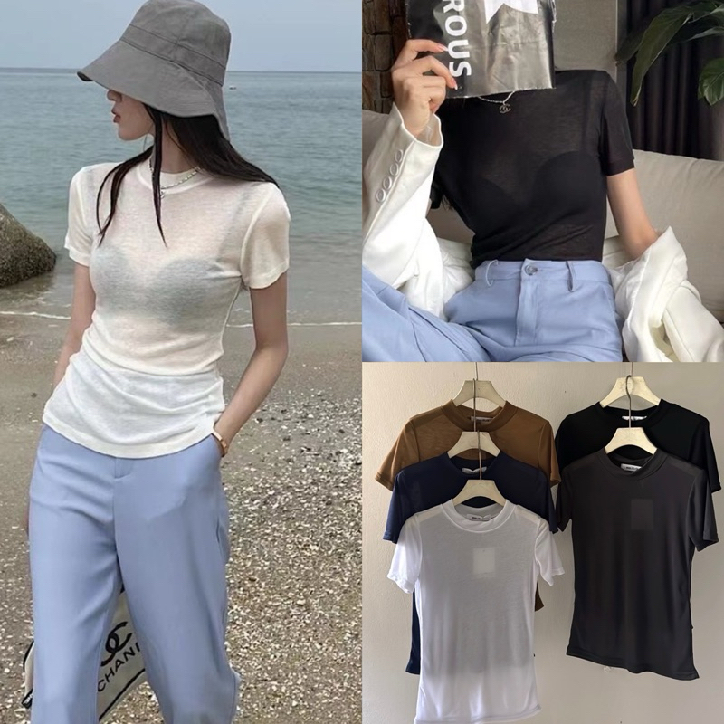 เสื้อคอกลมผ้าบางเกาหลี รุ่นเนื้อผ้านิ่มใส่สบาย ผ้ายืดเยอะ อก 31-41 ยาว 23-24“