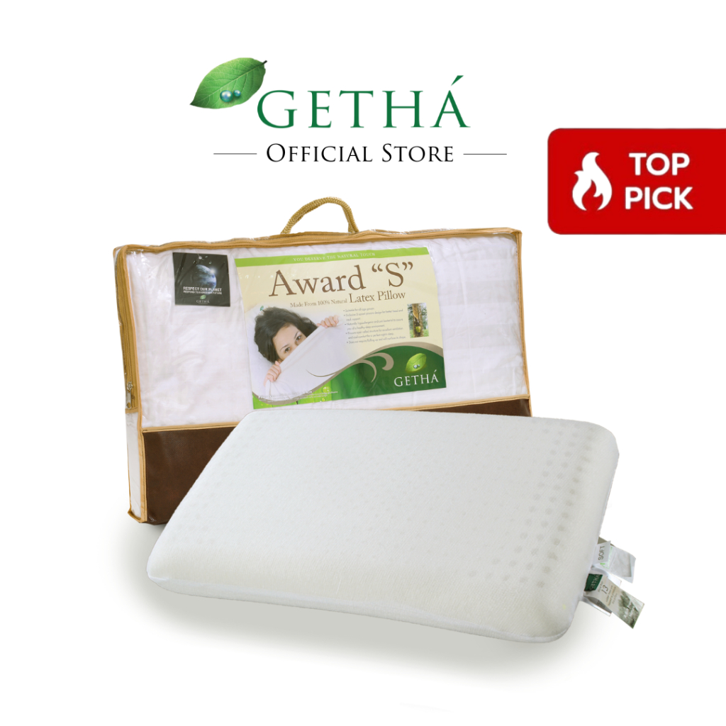 Getha หมอนยางพาราธรรมชาติ 100% รุ่น Award S ช่วยลดอาการปวดเมื่อยบริเวณต้นคอและหลัง จัดระเบียบกระดูกสันหลัง คัดสรรอย่างดี