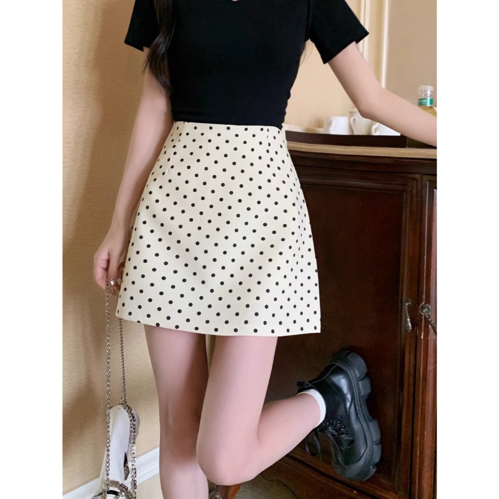 PX กระโปรงขาสั้น ผู้หญิง กระโปรงสั้นลายจุด เอวสูง ซิปข้าง มีซับใน สไตล์มินิมอล เกาหลีเกาใจ