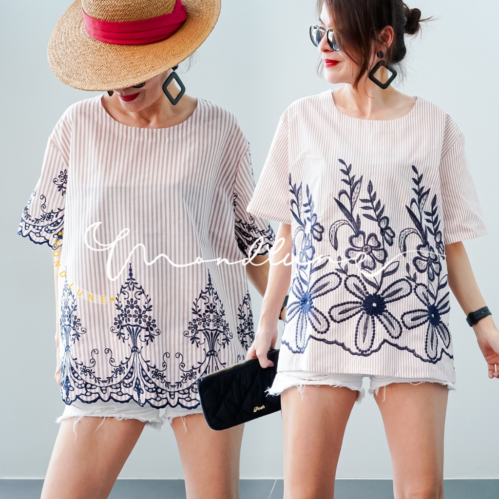 #3660 MondLune เสื้อเบลาส์คอกลม แขนสั้น ลายปักฉลุ ผ้าคอตตอนลายริ้ว ทรงโอเวอร์ไซด์ ใส่สบาย