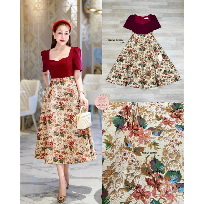 M11 งานป้าย Athena Dress ชุดเดรสยาวตัดต่อผ้าปักทอลายดอก สำหรับผู้หญิง เสื้อผ้าแฟชั่นผู้หญิง ไซส์ M-XL