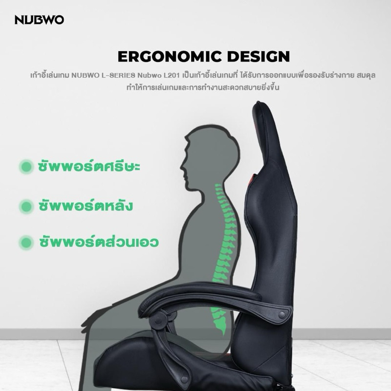 NUBWO L201 Gaming chair เก้าอี้เกมมิ่งดีไซน์เท่ สปอร์ต เข้าได้กับทุกการแต่งบ้าน ปรับเอนได้ มีให้ 6 สี [ประกัน 6 เดือน] ราคา ถูกที่สุด ดีลบีเคเค แกลเลอรีภาพที่ 4