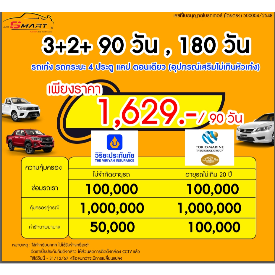2+3+ 90 วัน,180 วัน รถเก๋ง กระบะ4ประตู แคป หัวเดียว เริ่มต้น 1,629 ราคาดี ไม่มีบวกเพิ่ม ประกันดี เคลมง่าย มีอู่ซ่อมเอง
