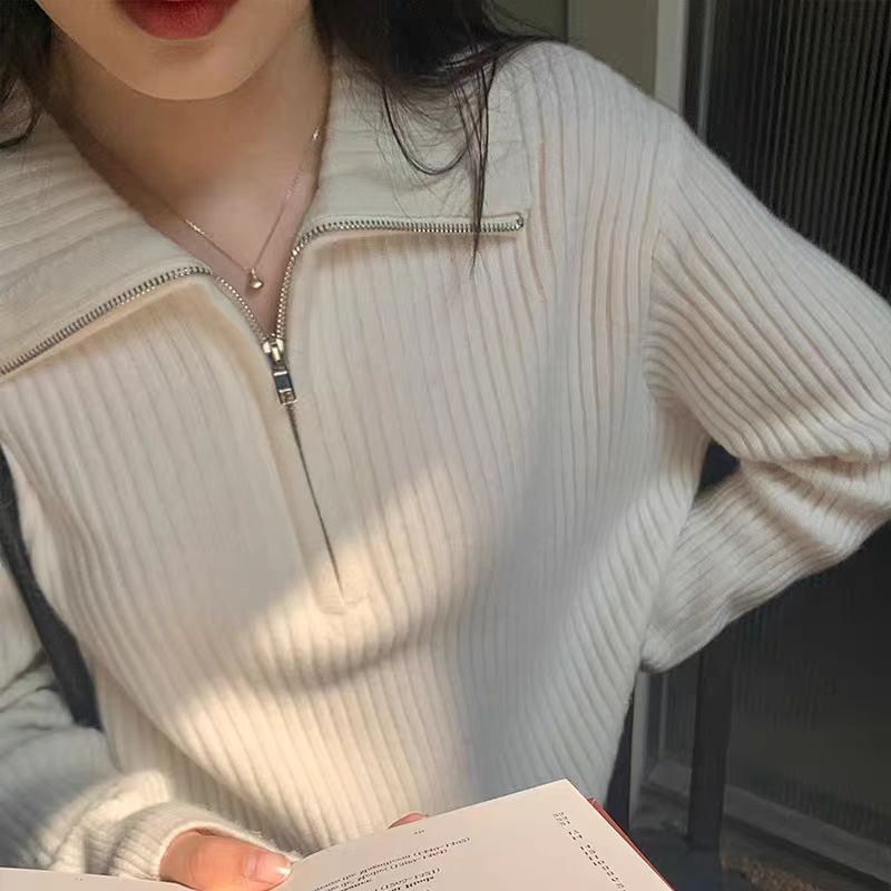 เสื้อกันหนาว เสื้อไหมพรมแขนยาวผู้หญิงมีซิป แฟชั่นผู้หญิงสีพื้น ผ้าดีใส่สบาย แฟชั่นเกาหลี