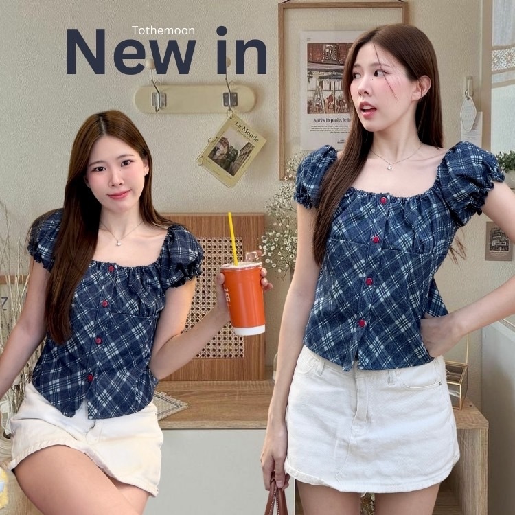 Denim top เสื้อแขนตุ๊กตาผ้ายีนส์ กระดุมหน้าสีแดง เย็บจีบหน้าอก KN.Clothes