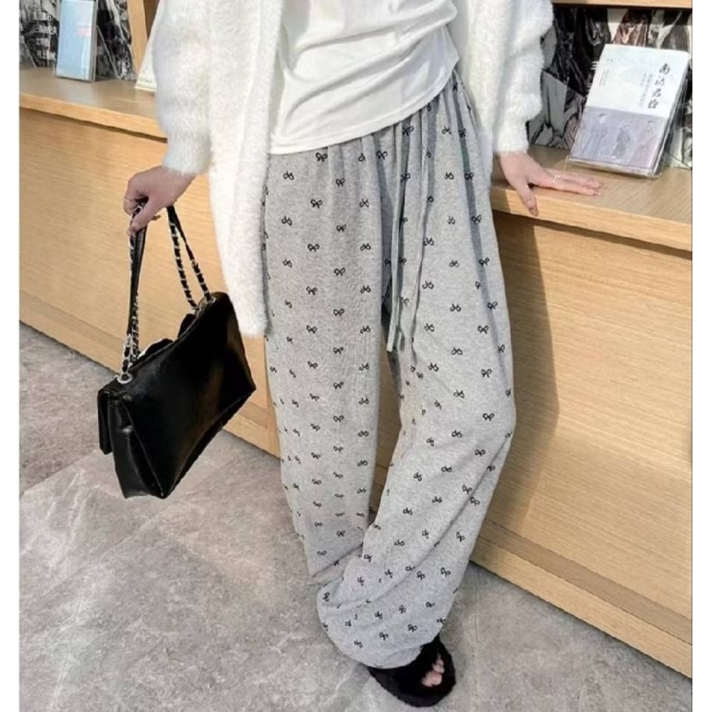 กางเกงลายโบว์ขายาว ผ้าวอร์มนุ่ม มีกระเป๋า โทนสีเบสิค9สี พร้อมส่ง - รูปที่ 6