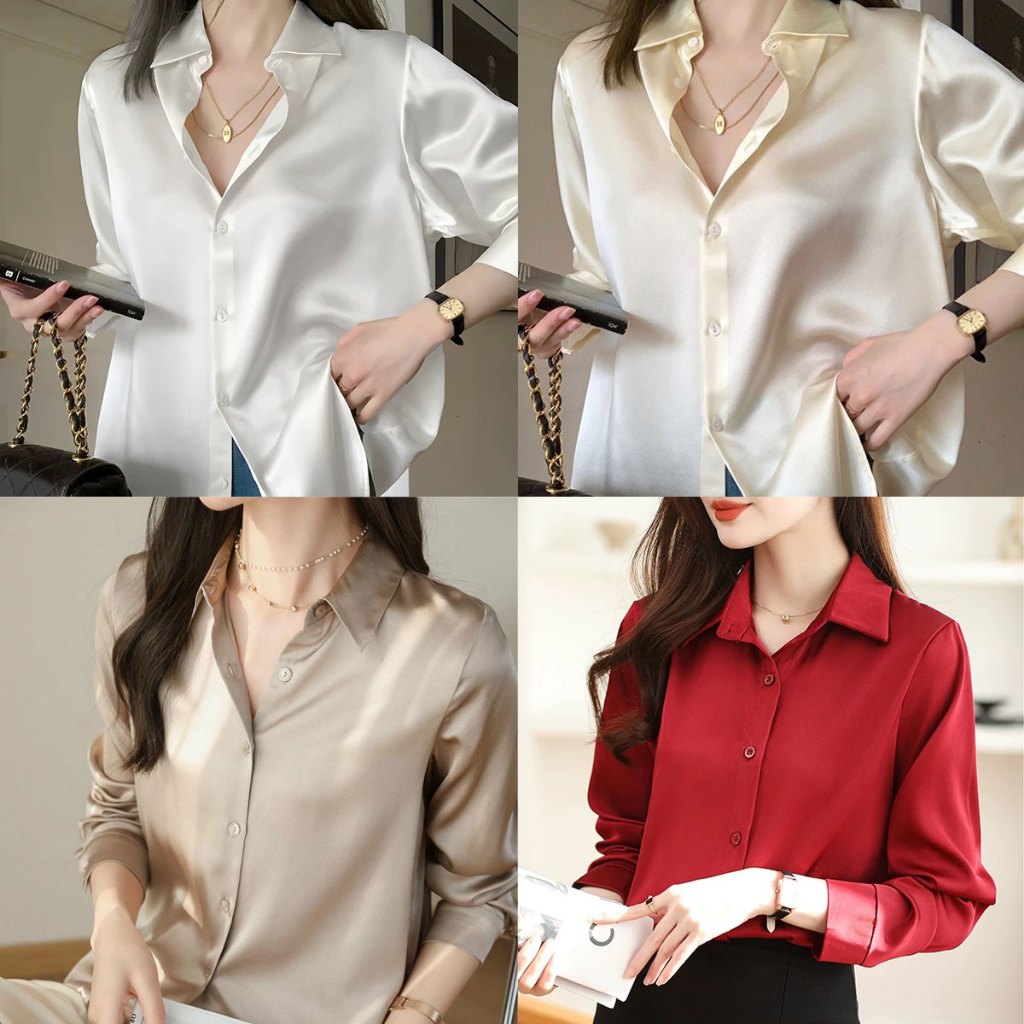 Dahong 💖W443 เสื้อเบลาส์สำหรับผู้หญิง สไตล์เกาหลี เสื้อเชิ้ตแขนยาว ผ้าซาติน ทรงหลวม คอปก เนื้อผ้าดีลื่นใส่สบาย