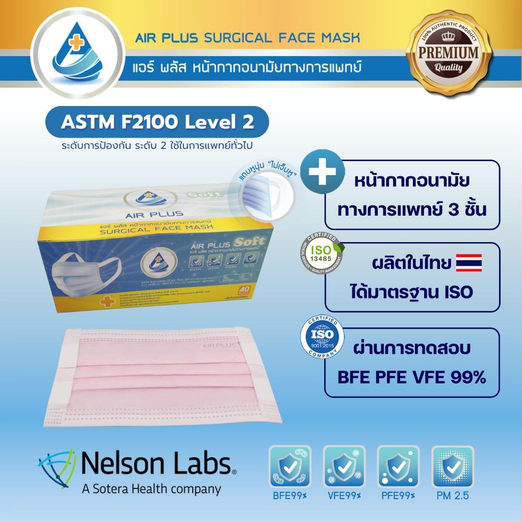 Soft Premium Mask Level2 สีใหม่ รุ่นใหม่‘ไม่เจ็บหู’ แถบหูนุ่ม สำหรับผู้ใหญ่/เด็ก - 1กล่อง/40 ชิ้น