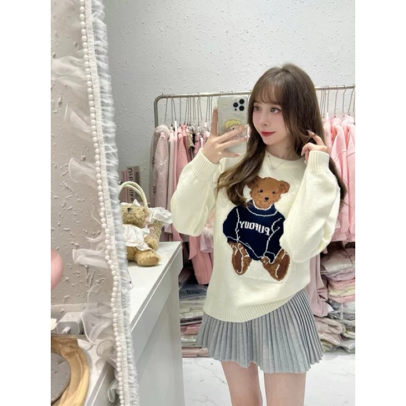 สเวตเตอร์คอกลมลายน้องหมีสีพาสเทล สไตล์เกาหลีผู้หญิง