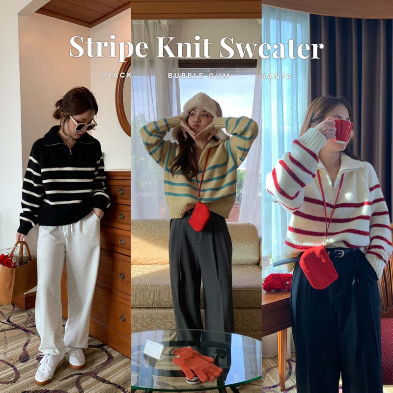 SOMEDRESS | Stripe Knit Sweater สเวตเตอร์ไหมพรมลายทางคอปกซิป