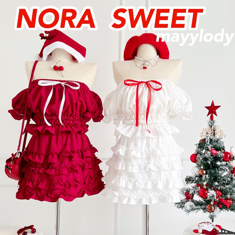 mayylody NORA SWEET ชุดเซ็ต เสื้อ + กระโปรงสั้น สไตล์เวียดนาม เเมทซ์เซ็ต ชุดสีแดง / เสื้อสีแดง / คริสต์มาส น่ารัก