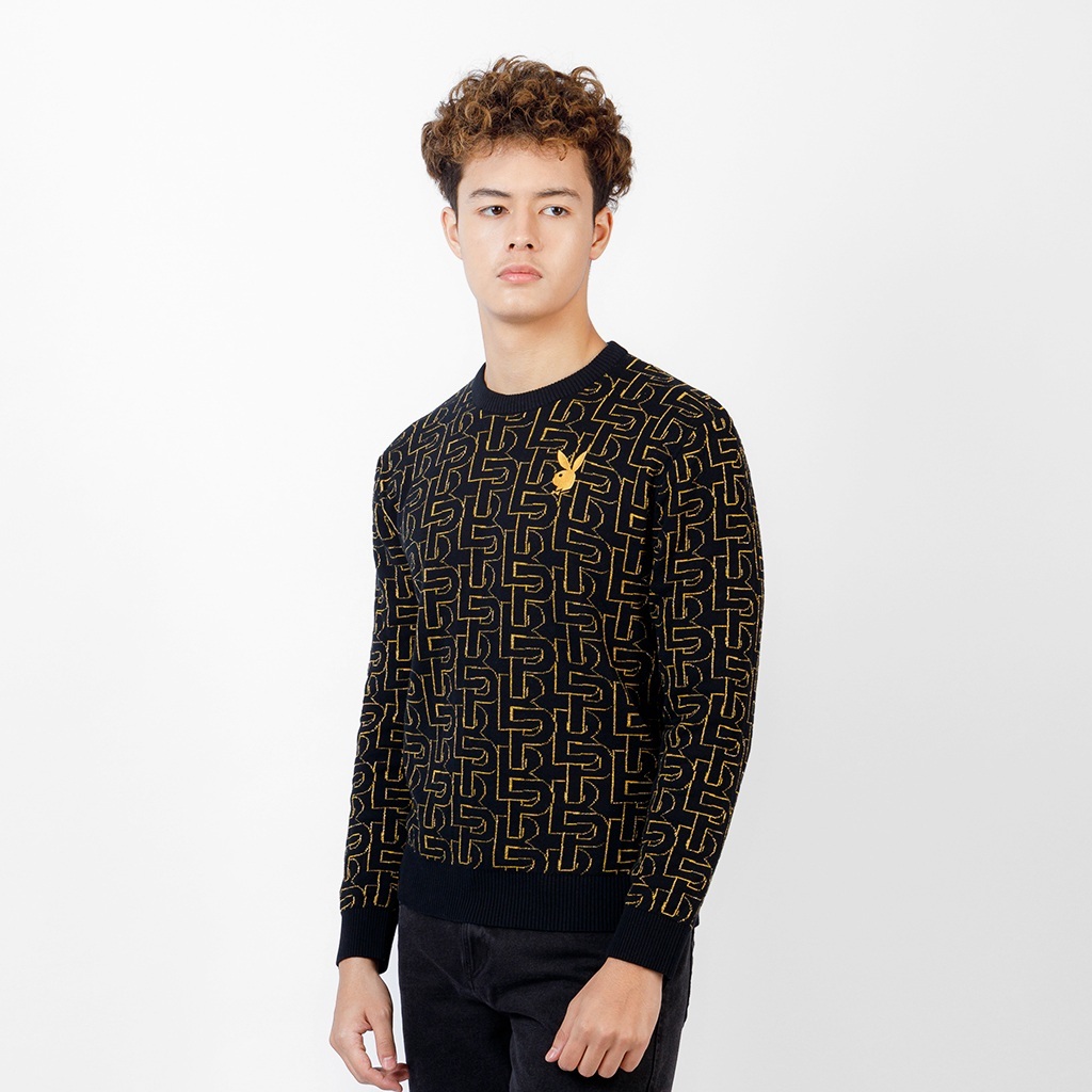 PLAYBOY GOLD REFLECTION เสื้อไหมพรม ทอลายPBทั้งตัว อกซ้ายปักหัวกระต่าย
