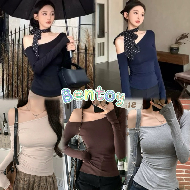 Bentoy(G789)เสื้อยืดแขนยาว ปาดไหล่ข้างเดียว ผ้านิ่ม ยืดตามตัว พรางหุ่น