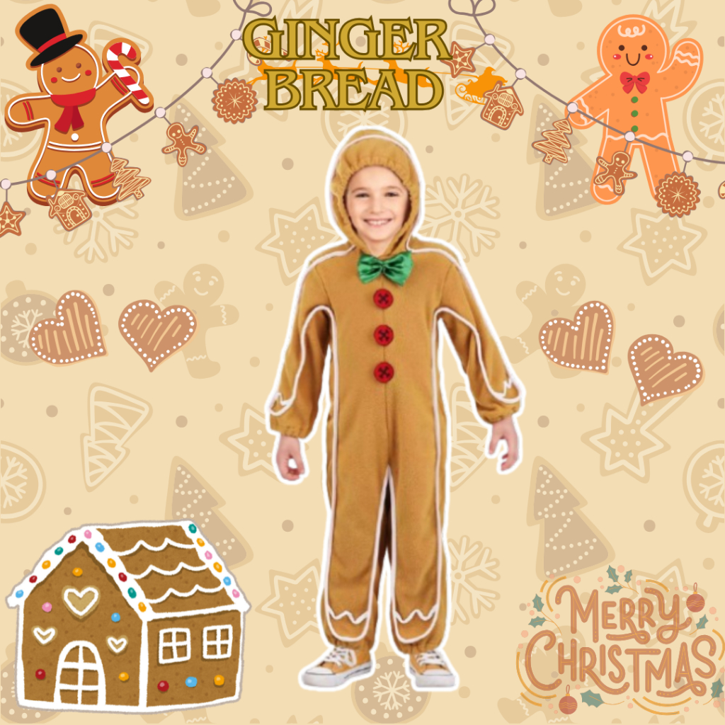 จิงเจอร์เบรดแมน ชุดบอดี้สูทคอสเพลย์ ชุดขนมปังขิง ชุดคริสมาส Ginger Bread Costume พร้อมส่งจาก กทม