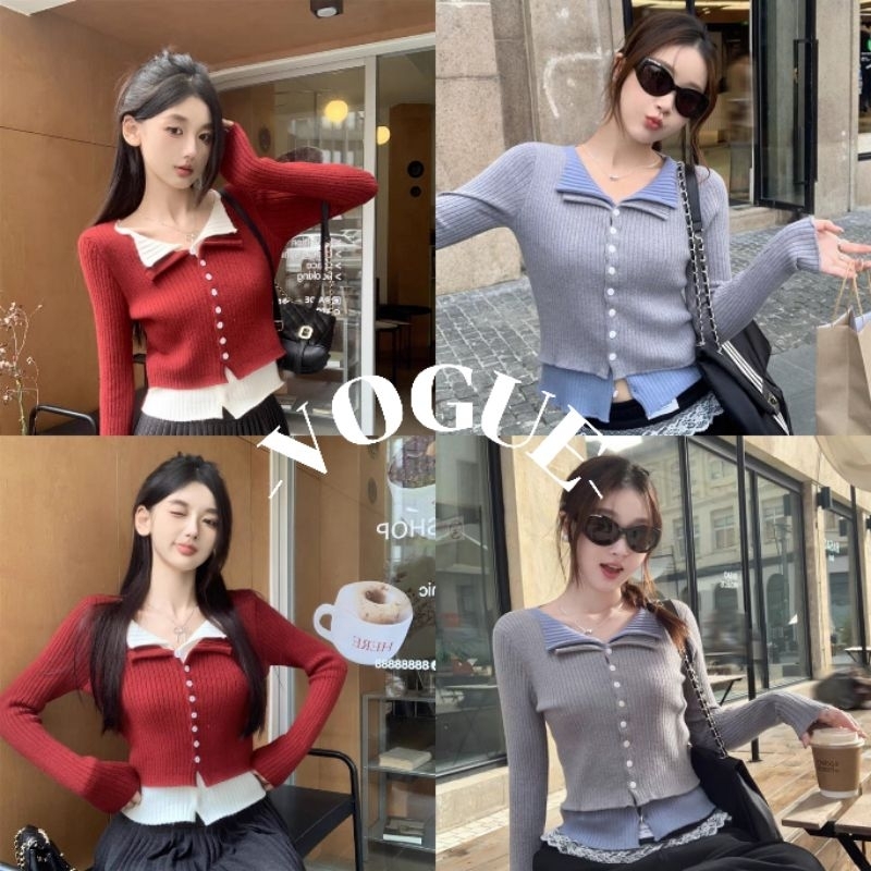 Vogue พร้อมส่ง เสื้อไหมพรมแขนยาว คอปก ผ้าร่องเล่นแต่งสองสี (15048)