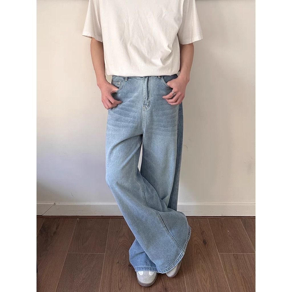 ยีนส์ผู้ชายขากระบอก เนื้อผ้ายีนส์ล้างน้ำ ทรงหลวม วินเทจชาย กางเกงยีนขากระบอก กางเกงยีนส์ชาย