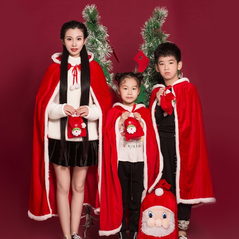 คริสต์มาส Cape Carnival Party ผ้าคลุมคริสต์มาสกำมะหยี่สีแดง ขนมิ้ง 80/120/150 ซม เสื้อผ้าคริสต์มาส
