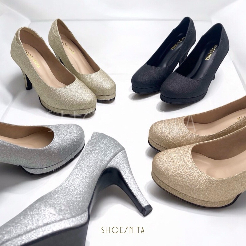 ✨New ✨รองเท้าคัชชูส้นสูง  หัวมน 3.5 นิ้ว กากเพชร กริตเตอร์