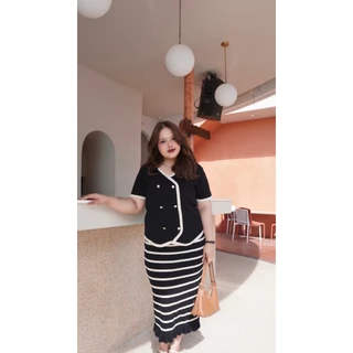 CiCi Plus+(A1262-30) Set 2 ชิ้น เสื้อ+กระโปรง แต่งกระดุมหลอก เหมาะสำหรับสาวพลัสไซส์
