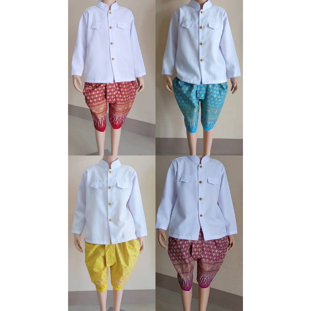 ชุดราชประแตน ผ้าลายไทยพิมพ์ทอง เด็กโต ใน 1 ชุดมีเสื้อและโจงกระเบน
