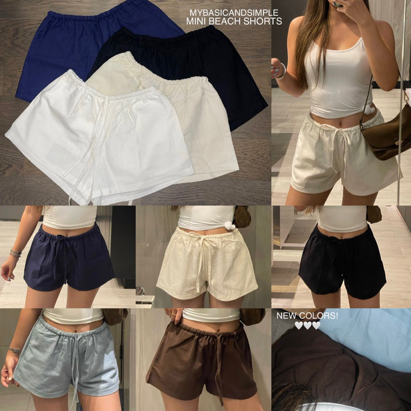 พร้อมส่ง 6 สี (พรีออเดอร์Ivory) Mini beach shorts กางเกงขาสั้น cotton blend ขอบเล็ก ผ้าไม่บาง สีขาวไม่เห็นชั้นในค่ะ
