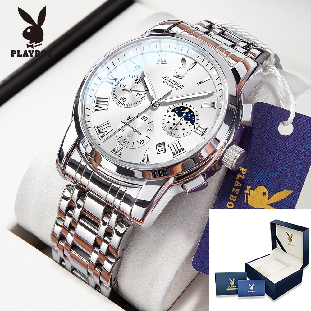 PLAYBOY （ขายแฟลช） สปอตสินค้า นาฬิกาผู้ชาย กันน้ำ ธุรกิจ พร้อมกล่อง ดูเวลา ดูวันที่ เรืองแสง สายสเตนเลส รับประกัน 3 ป