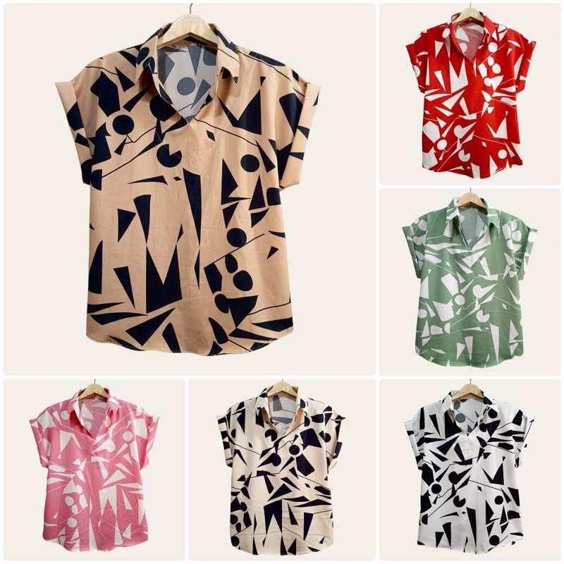 (อก 42”) เสื้อคอปก เเขนสั้น ลายสวย ผ้าไหมอิตาลี ไม่ต้องรีด