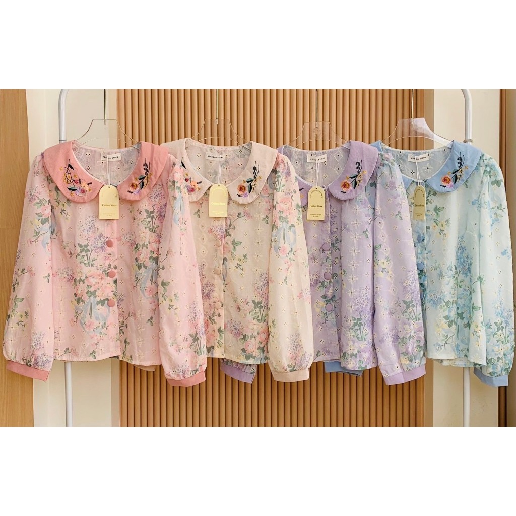 ป้าย Cotton store เสื้อผ้าคอตตอนแขนยาวปกบัวปักฉลุลายทั้งตัว อก 39 นิ้ว ยาว 23 นิ้ว