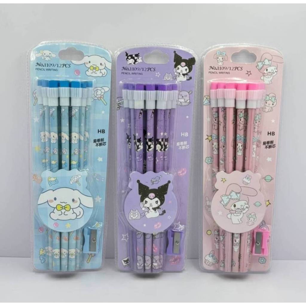 ดินสอไม้ HB เซ็ต 12 แท่ง มียางลบ + กบเหลาดินสอ ลายการ์ตูนน่ารัก Sanrio น่ารัก