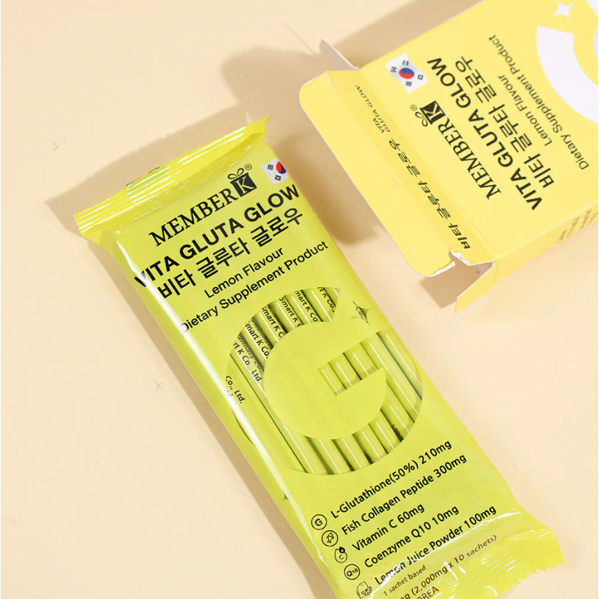 MemberK Vita Gluta Glow รสเลมอน 1 กล่องมี 10ซอง ผลิตภัณฑ์เสริมอาหารกลูต้าไธโอน คอลลาเจนแปปไทด์ วิตาม