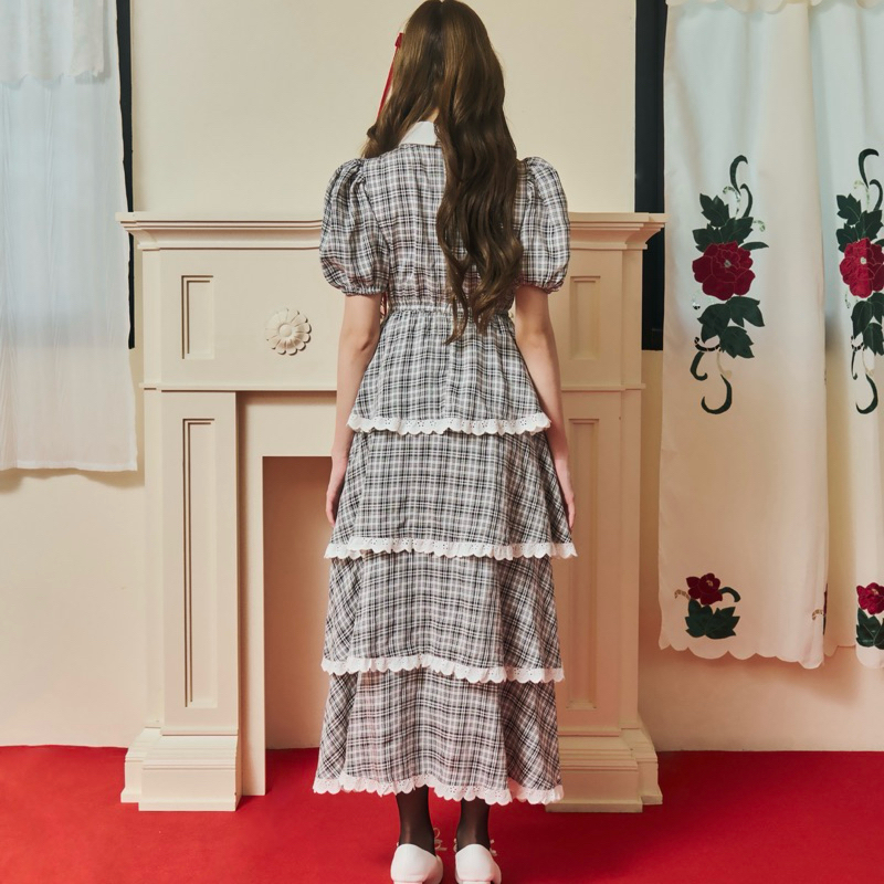 FLAT2112 : CRIMSON MAXI DRESS เดรสออกงาน ลายสก็อต แขนตุ๊กตา (FF0860) ราคา ถูกที่สุด ดีลบีเคเค แกลเลอรีภาพที่ 3