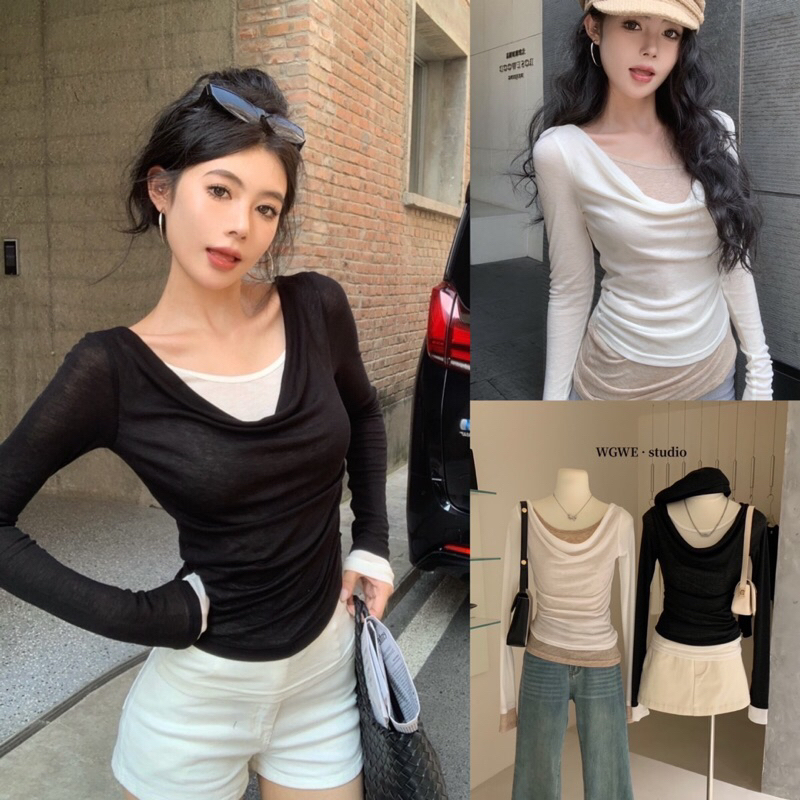 เสื้อแขนยาวคอถ่วงทูโทนเย็บติดด้านในรุ่น 2925 TAG:WG.WE