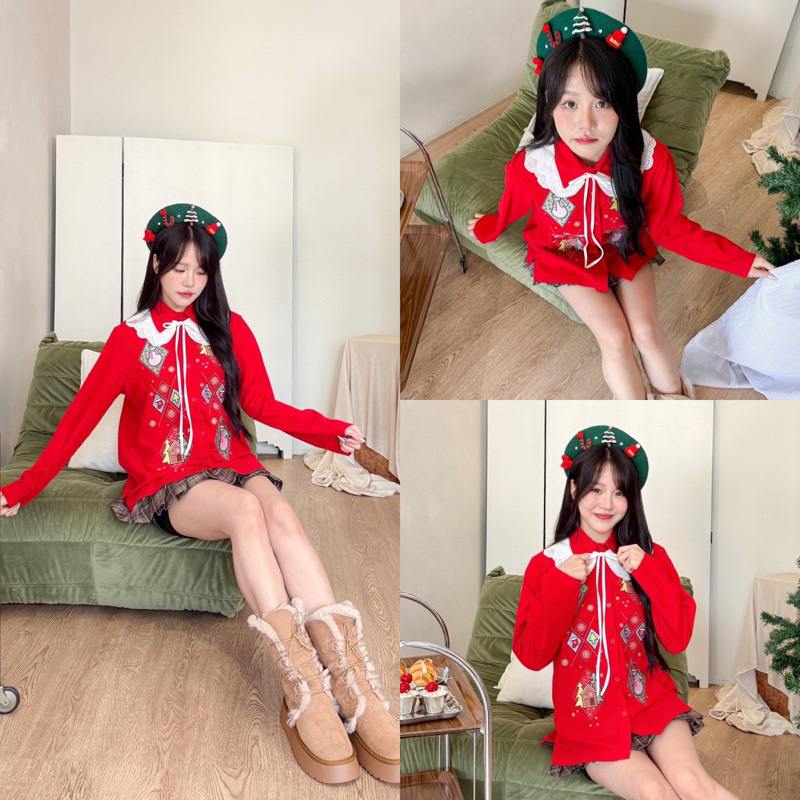 Christmas shirt เชิ้ตลายคริสต์มาสคอปกสีขาว