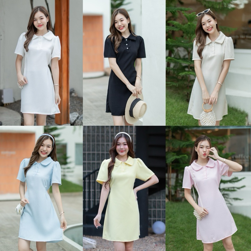 Teera พร้อมส่ง Narita Dress เดรสคอบัวผ้าวาฟเฟิล กระดุมดอกไม้ มีโบว์มัดหลัง ใส่ทำงาน คาเฟ่ nanny
