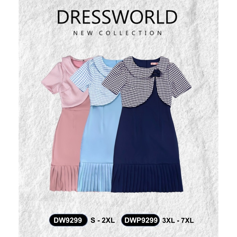 {S-7XL} 9299 งานป้าย Dress World ชุเดรสสั้นคอปก แต่งกั๊ก ชายพลีส รีบเลยน๊า ช้าหมดอดน๊าา