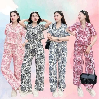 Set 2 ชิ้น เสื้อเชิ้ตครอปลายดอกไม้ + กางเกงขายาว TT15043 / TT20971 / TT20766