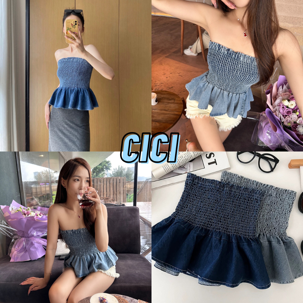 ส่งทันที Cici(NO. J1596) เสื้อเกาะอก/กระโปรง ยีนส์ดีเทลสม็อครอบตัวใส่ได้2แบบ เก๋ๆชิคๆ