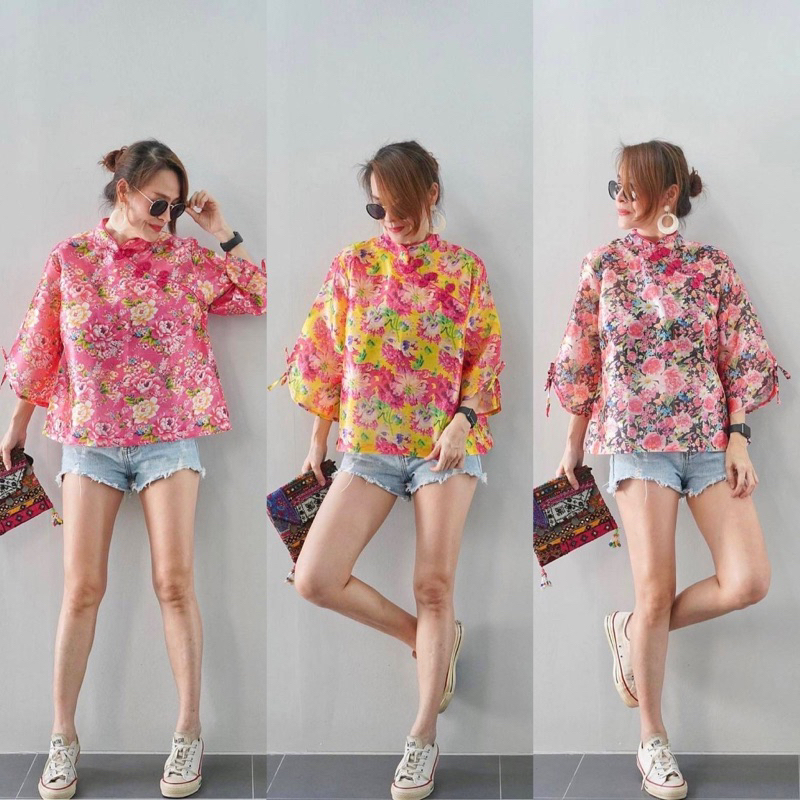 เสื้อตรุษจีน ผ้าไหมอินเดีย​ พิมพ์ลายดอกโบตั๋น ป้าย Perfect Style