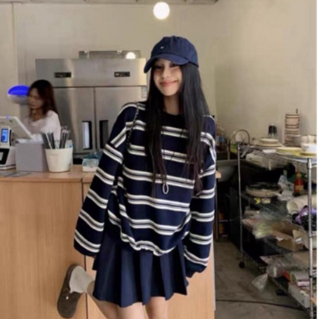 (SK01ลายทาง)Skirt setชุดแขนยาว+กระโปรงจีบรอบ(ลายทาง)