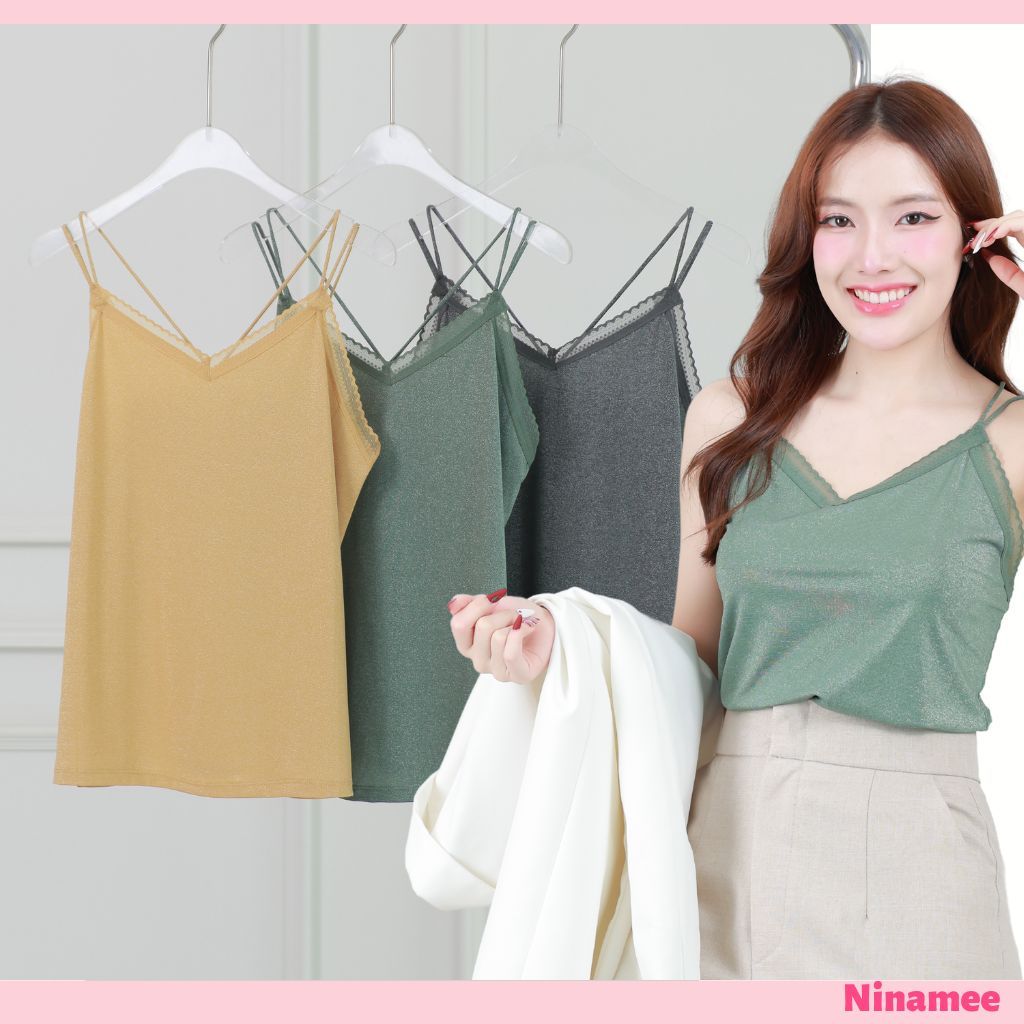 🍒Ninamee เสื้อสายเดี่ยวกลิตเตอร์ วิ้งๆ อก 36-44 นิ้ว สายเดี่ยวหลังไขว้ สาวอวบใส่ได้ คอวี เนื้อผ้าวิ้