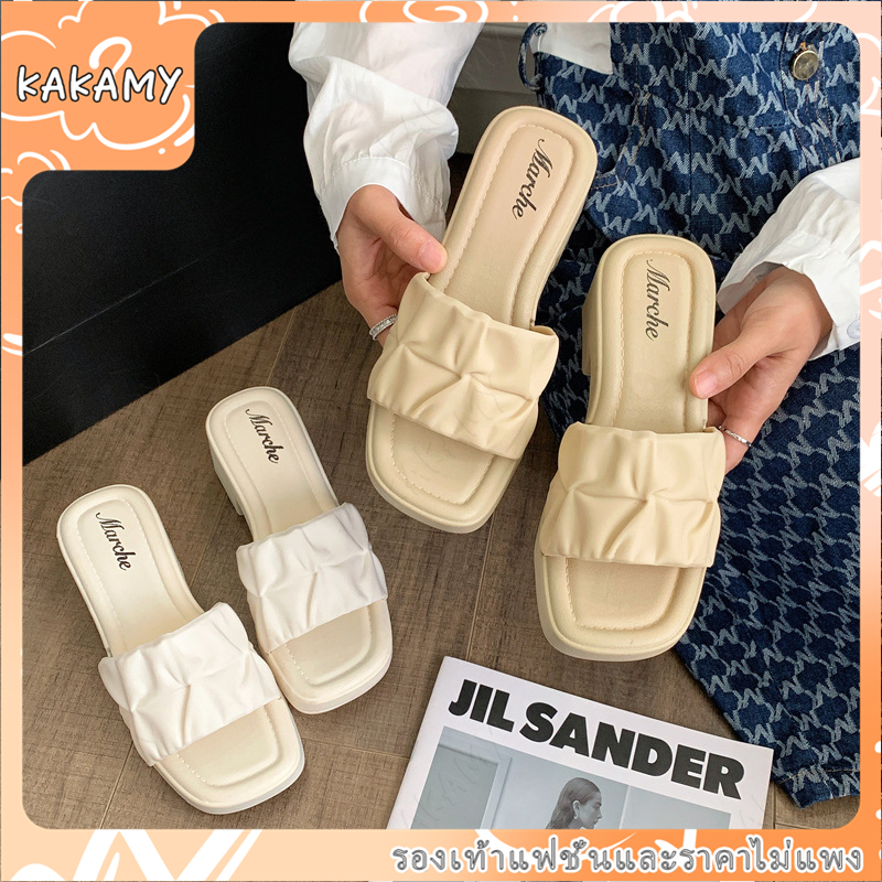 KAKAMY รองเท้าส้นสูงผู้หญิง 6 ซม. รองเท้าส้นสูงแบบสวม ยางพารา รองเท้าแตะผู้หญิง สวมใส่สบาย