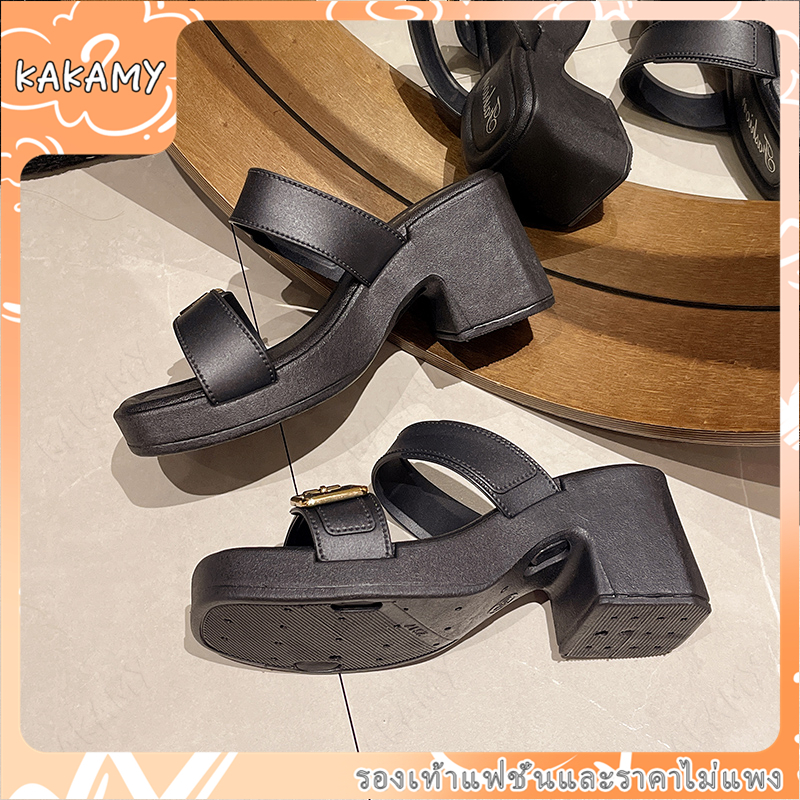 KAKAMY รองเท้าแตะ หนัง Pu ส้นกลาง ทรงสี่เหลี่ยม สีพื้น แบบเรียบง่าย สไตล์เกาหลี สําหรับผู้หญิง