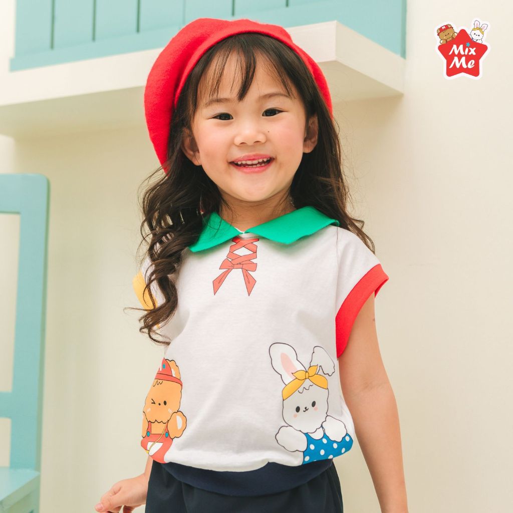 Mix Me เสื้อโปโล แขนกุด ลายหมี กระต่าย ผ้า 100%Cotton นุ่ม เด็กหญิง อายุ 1-7 ปี เสื้อผ้าเด็ก รุ่น 50