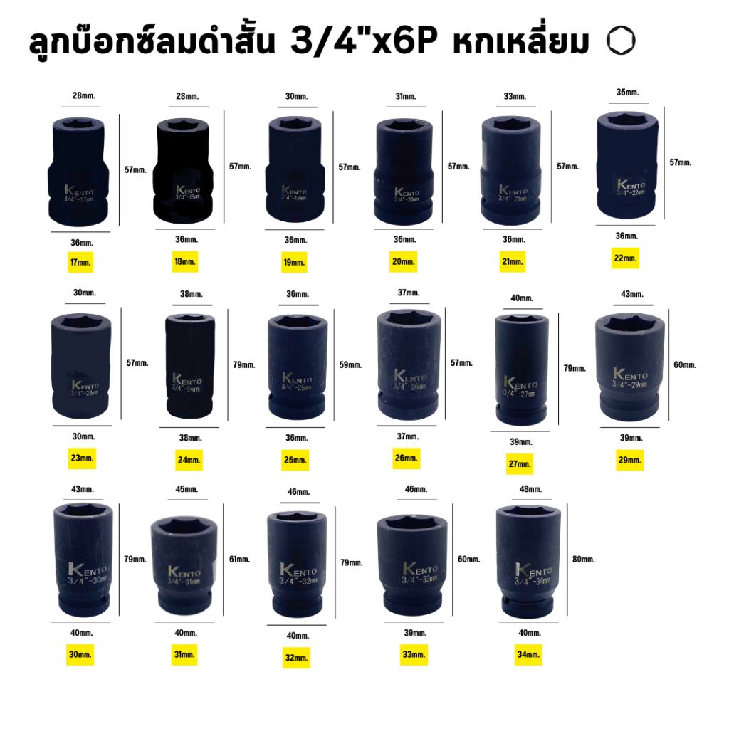 KENTO ลูกบล็อก 3/4" 6 เหลี่ยม มีหลายขนาด บล็อคลม ลูกบล็อค พร้อมส่งทันที
