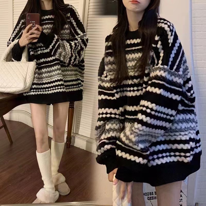 SGH0244 เสื้อกันหนาว แบบสวมหัว ลายทาง ทรงหลวม ขนาดใหญ่ ยาว โอเวอร์ไซส์ สไตล์ใหม่