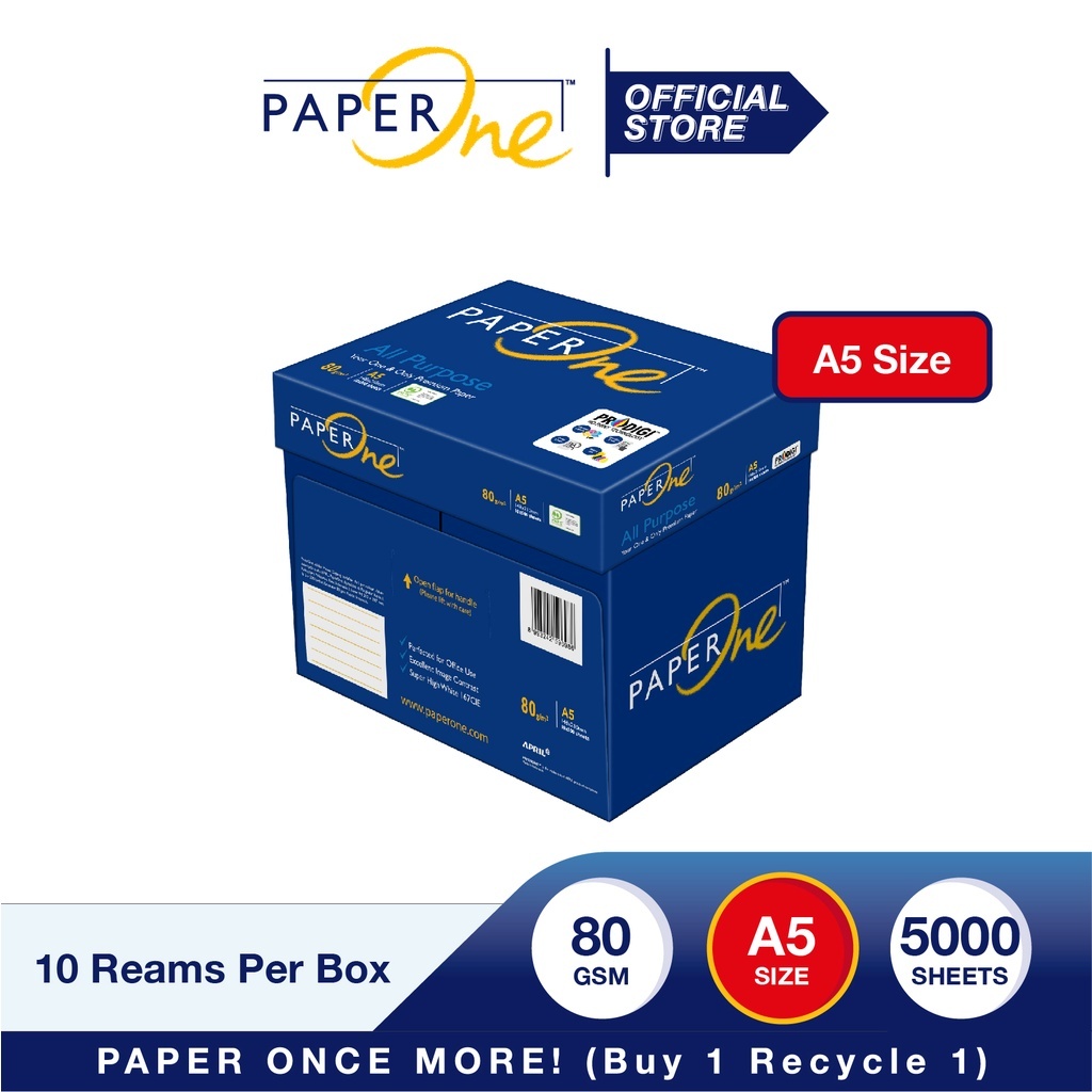 กระดาษถ่ายเอกสาร Paper One A5 80 gsm / 1  กล่อง 10 รีม