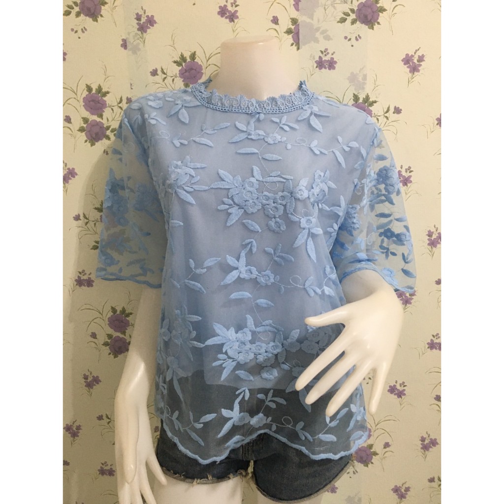 เสื้อลูกไม้ เสื้อลายดอก ผ้าแก้ว เสื้อสาวอวบ ออกงาน ไปเที่ยว คอกลม รอบอก44-46นิ้ว รุ่น-4677-3