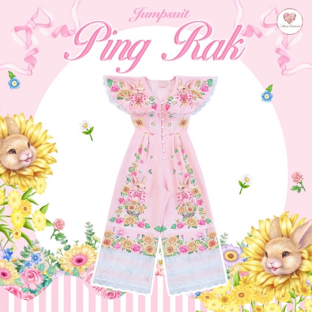 (มี2XL) รุ่นปิ๊งรัก Ping Rak Jumpsuit จั๊มสูทขายาวผ้าเปเป้พิมพ์ลาย กระดุมหน้า ปกใหญ่ระบาย ปลายขาตัดต่อลูกไม้ มีซับใน