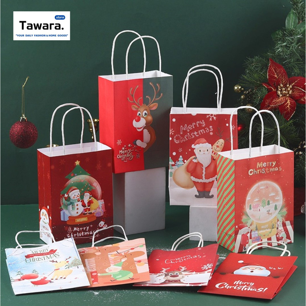 P-194 คริสต์มาส ถุงกระดาษหูหิ้ว ถุงกระดาษคราฟท์ Christmas ลายซานตาคลอส เรนเดียร์ ถุงของขวัญ ปีใหม่ มี 2 ขนาด S/L