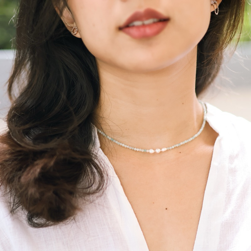 JEWILA Shiny Wave สร้อยคอหินนำโชค Amazonite ไข่มุกน้ำจืด หินมงคลเสริมการงาน การเงิน ความสำเร็จ